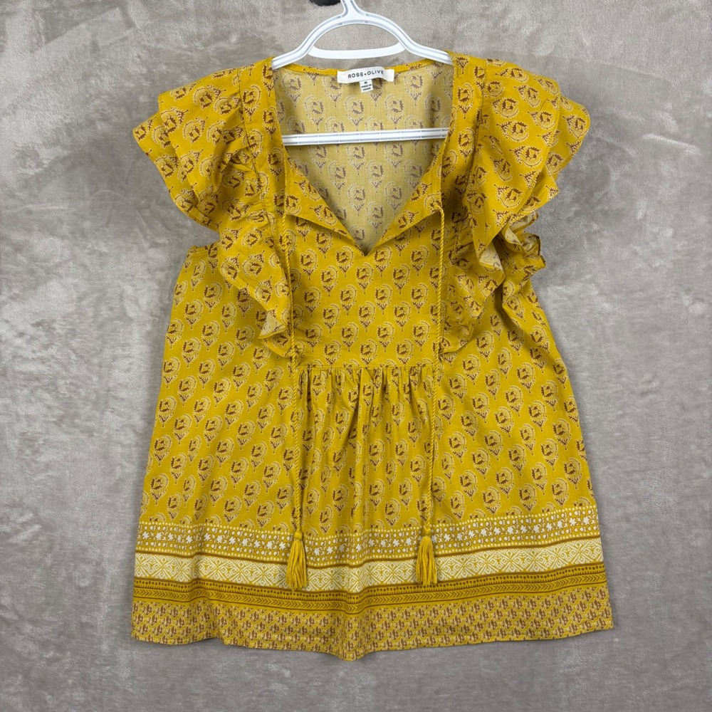 Rose + Olive Mustard Yellow Floral Ruffle Sleeve Tassel Top M Boho Chic Ethereal